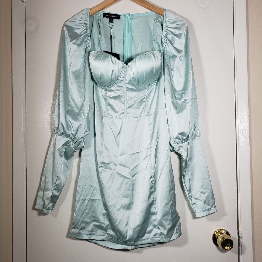 Parisian Satin Long Sleeve Sexy Mint Mini Dress US Size 8 UK size 12